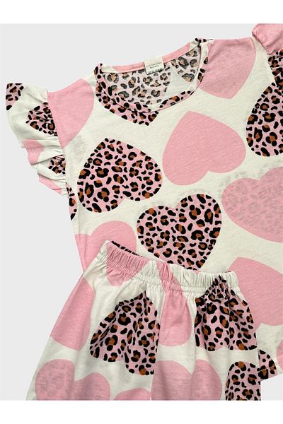 ALİŞ KİDS Girls' Cotton Pink Heart Leopard Print Short Sleeve Shorts Summer Pajama Set