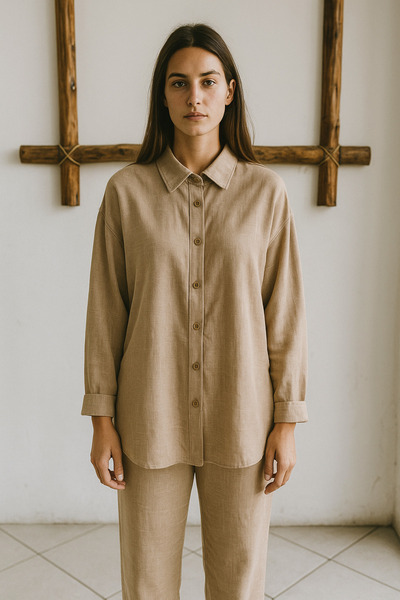 WİSHTEX Wish - Stone Color Oversize Comfortable Fit Linen Set