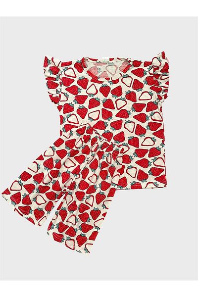 ALİŞ KİDS Girls' Cotton White Red Strawberry Pattern Short Sleeve Shorts Summer Pajamas Set