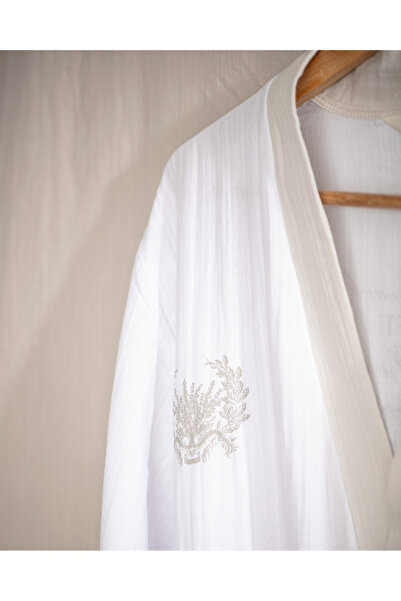 Madame Coco Cherina 100% Cotton Women's Muslin Bathrobe - White/Beige