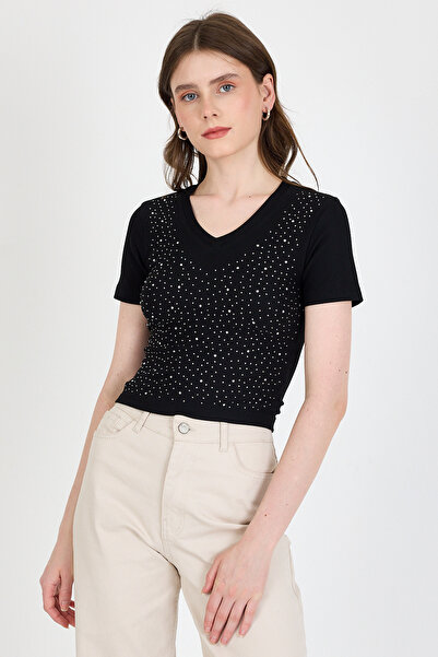 Rays Tricou slim cu decolteu în V cu detalii de prelucrare a pietrei negre 0949