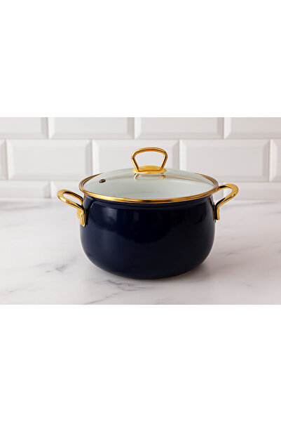BAMBUMDAN Taşev Sultan Series 22 cm Navy Blue Enamel Deep Pot – Gold Handle, Stylish Design
