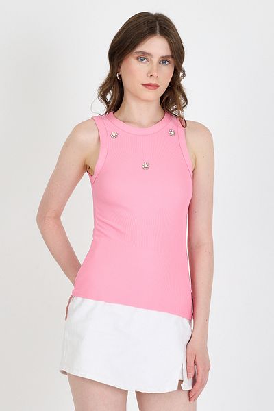 Rays Pink Pearl Stone Detailed Halter Neck Ribbed Undershirt 0649