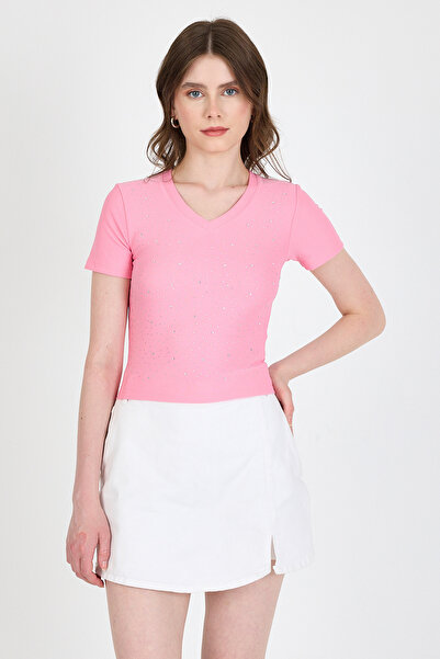 Rays Tricou slim cu decolteu în V cu detalii de prelucrare a pietrei roz 0949