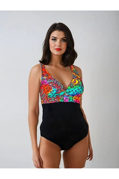 hazelin Women's Black Multicolor V-Neck Swimmer Swimsuit