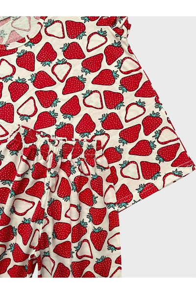 ALİŞ KİDS Girls' Cotton White Red Strawberry Pattern Short Sleeve Shorts Summer Pajamas Set