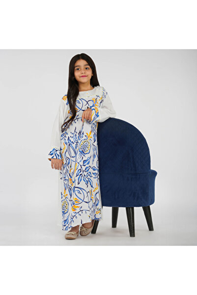 LINELLE جلابية أطفال مطبوعة - ماكسي أبيض وطبعة زرقاء وفتحة رقبة مربعة