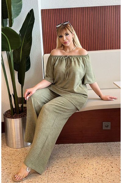 Butik Nilyam Women's Plus Size Sofia Linen Rubber Neckline Blouse Waist Elastic Pocket Loose Bottom Tracksuit Set 24782