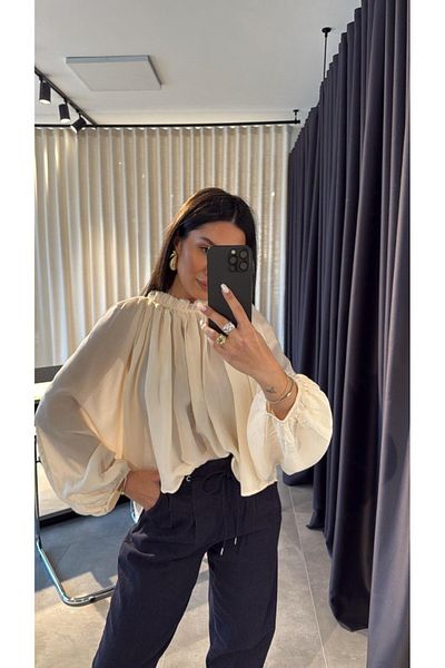 My Blog Ecru Gathered Collar Bat Sleeve Blouse - 4959