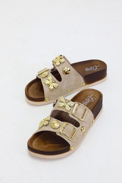 OBAY LİFE Cream Women's Stoned Butterfly 2 Striped Daily Slippers Nbr2024
