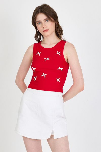 Rays Red Bow Embroidered Crop Knitted Undershirt 0849
