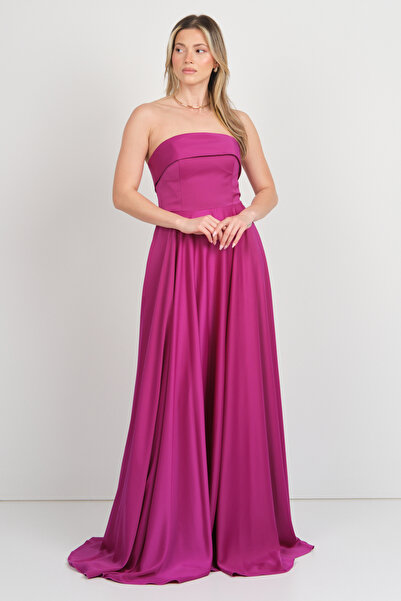 DORİDORCA Doridorca Women Strapless Satin Fabric Long Evening Dress 6135 Fuchsia
