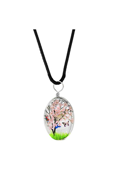 Tesbihane Ellipse Design Pink Floral Nature Themed Handmade Natural Resin Necklace