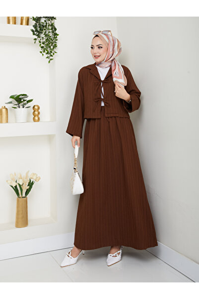 exxitcollection Γυναικείο Hijab Seersucker Ύφασμα Καφέ Crop Tie-Up Κομψό Μοντέρνο Σετ Κιμονό Διπλό με Φούστα