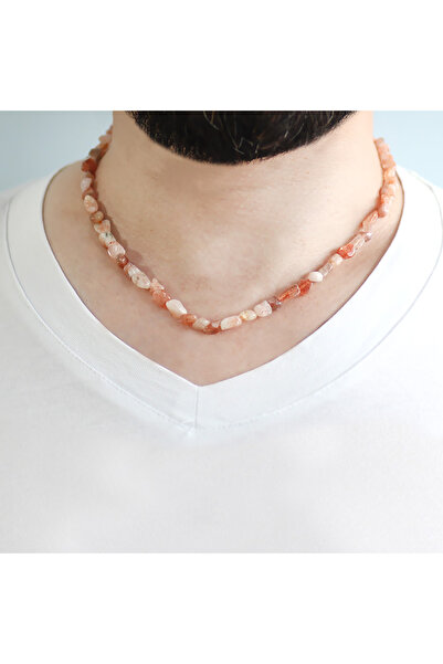 Tesbihane Silver Color Metal Chain Amorphous Sun Stone Natural Stone Men's Necklace