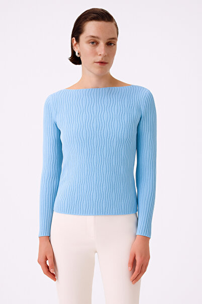 Triko Mısırlı Baby Blue Boat Neck Patterned Women's Sweater