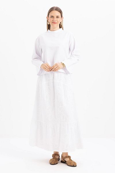 ALLDAY White-Elastic Bell Skirt with Embroidery