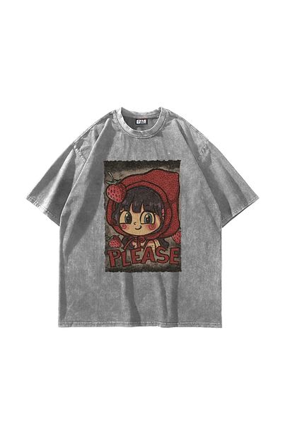 Sekizbiraltı Λευκό μπλουζάκι με στάμπα Little Red Riding Hood Oversize Unisex που πλένεται