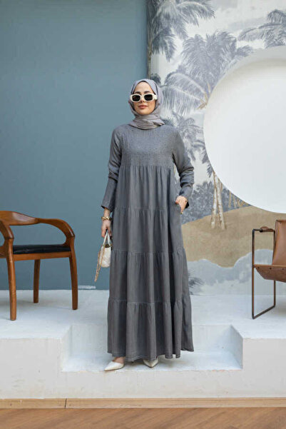 Neways 6400-Taşlı Büzgülü Elbise Gri