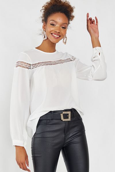 Hopoi Women's Lace Stripe Crepe Blouse