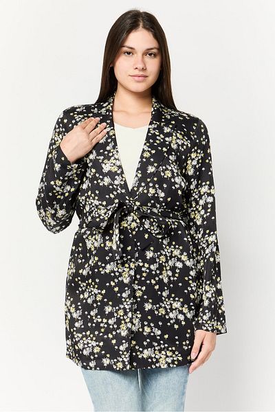 Scotch & Soda Women Regular Fit Allover Print Belted Casual Blazer, Multicolor