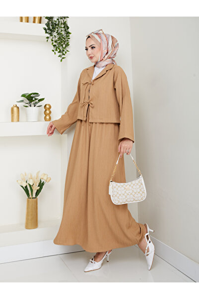 exxitcollection Γυναικείο Hijab Seersucker Fabric Crop Milk Coffee Tie μπροστά Κομψό μοντέρνο διπλό κιμονό με φούστα