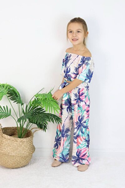 Yalçınoğlu Kids Girl's Colorful Patterned Suit I Madonna Collar Patterned Spanish Leg I Blouse and Pants Combination