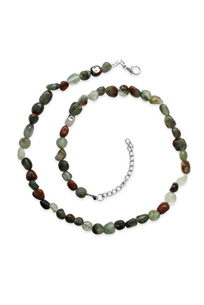Tesbihane Silver Color Metal Chain Amorphous Bloodstone Natural Stone Men's Necklace