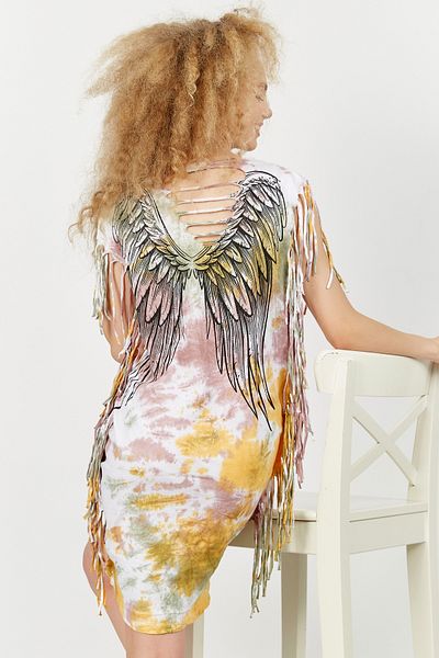 Hopoi Women's Angel Wing Embroidered Tassel Tie-Dye Dress