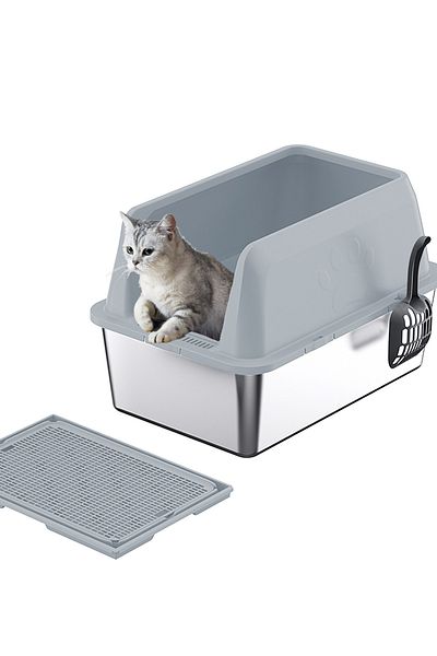 KidLe Stainless Steel Cat Litter Box with Litter Scoop Cat Toilet Cat Litter Tray High Wall Side