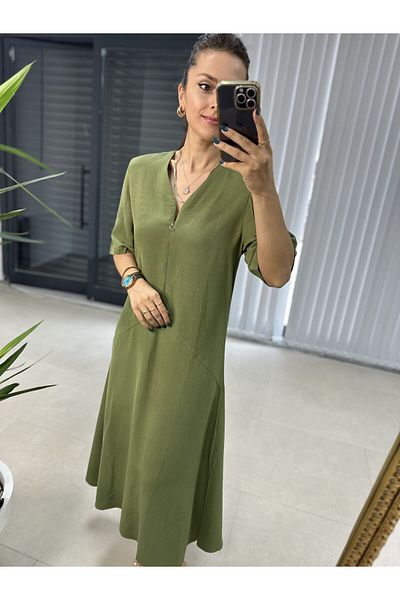 caddstore Ms V Neck Φόρεμα με φερμουάρ από βαμβακερό λινό χακί