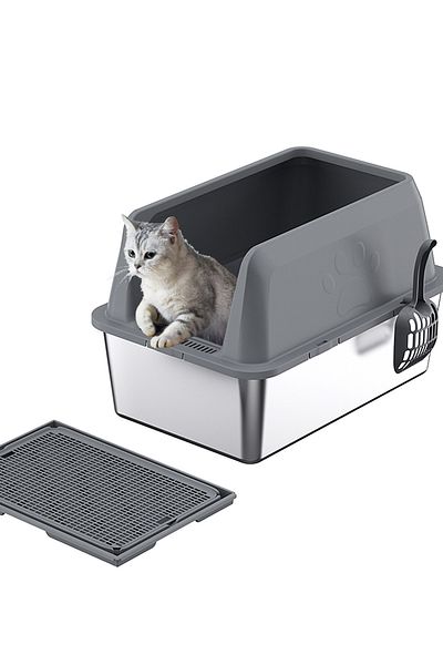 KidLe Stainless Steel Cat Litter Box with Litter Scoop Cat Toilet Cat Litter Tray High Wall Side