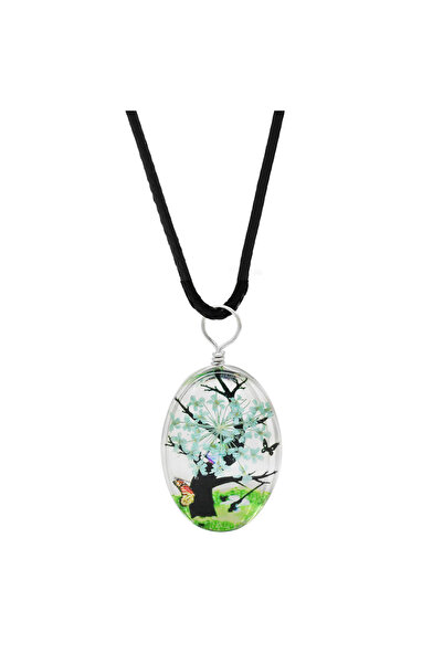 Tesbihane Ellipse Design White Floral Nature Themed Handmade Natural Resin Necklace