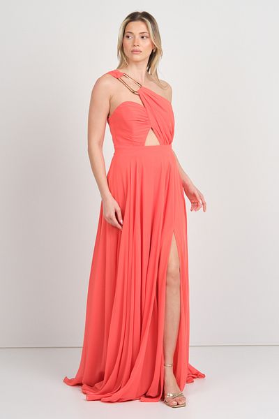 DORİDORCA Doridorca Women's One Shoulder Chiffon Flared Long Evening Dress 5073 Orange