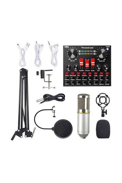 COOYA Professional Condenser Microphone With V8S Live Sound Card And Studio roadcasting Set Black/Silver