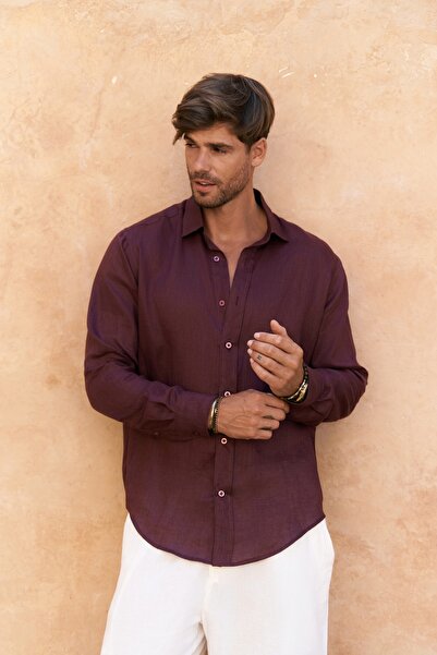 BOHEMAİ Agnola Oversize Men's Burgundy Linen Shirt