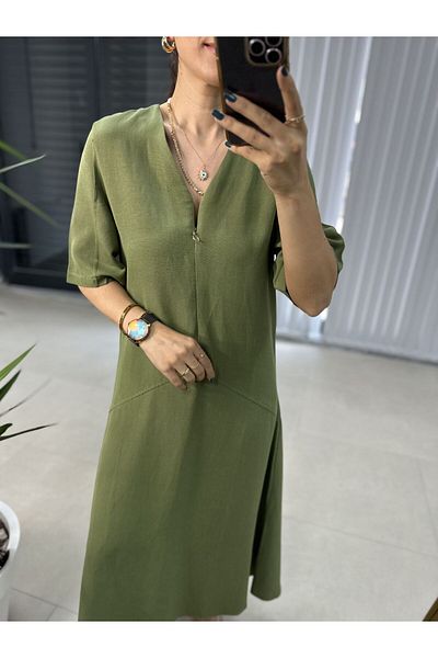 caddstore Ms V Neck Φόρεμα με φερμουάρ από βαμβακερό λινό χακί