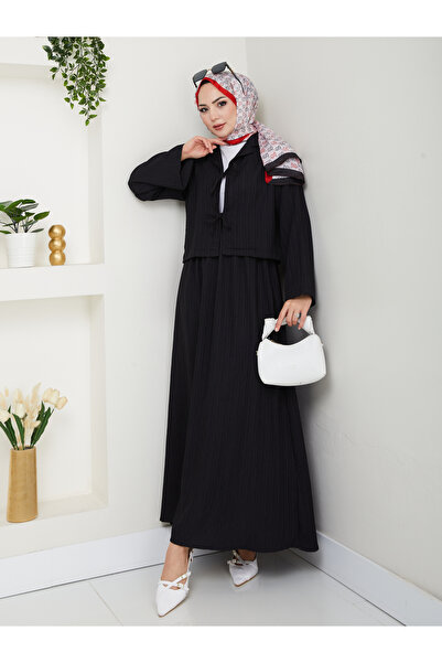 exxitcollection Γυναικείο ύφασμα Hijab Seersucker Μαύρο Crop Tie-Up Κομψό Μοντέρνο Διπλό Σετ Κιμονό με Φούστα