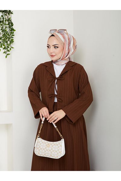 exxitcollection Women's Seersucker Fabric Crop Tie Skirt Double Kimono Suit