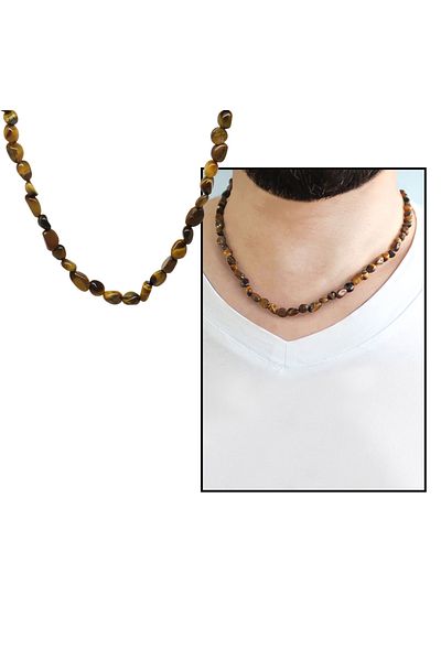 Tesbihane قلادة رجالية من الحجر الطبيعي على شكل عين النمر غير النظامية مع سلسلة معدنية فضية اللون
