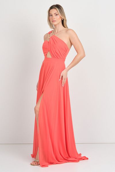 DORİDORCA Doridorca Women's One Shoulder Chiffon Flared Long Evening Dress 5073 Orange