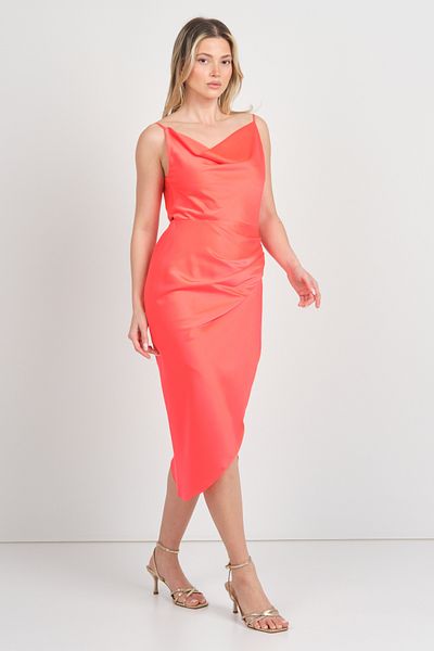 DORİDORCA Doridorca Women's Front and Back Degaje Satin Fabric Midi Evening Dress 4113 Pomegranate