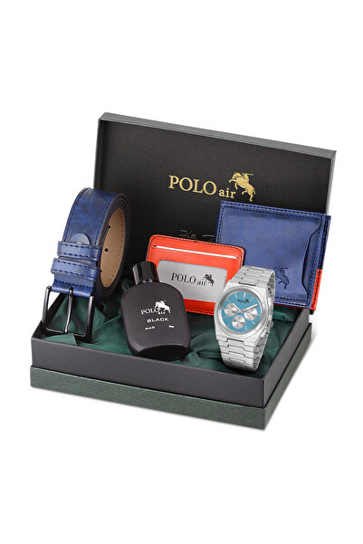 Polo Air Erkek Kol Saati Cüzdan Kemer Kartlık Parfüm Set Kombin Lacivert Gümü...