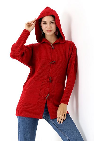 Devinka Women's Hooded Buttoned Seasonal Pocket Knitwear Cardigan Dvka-0712