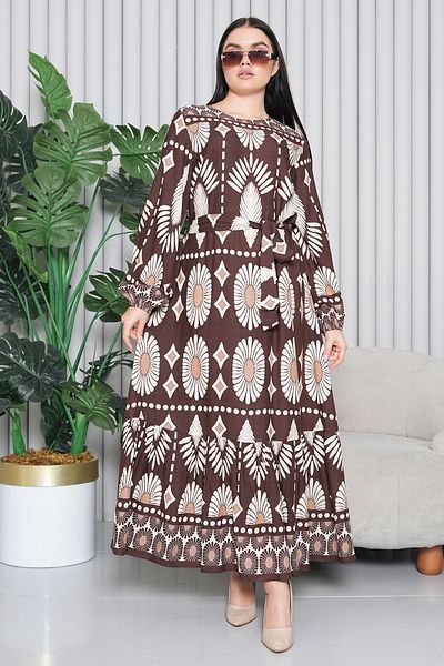 EL jadida Women's Patterned Hijab Viscose Long Dress Brown