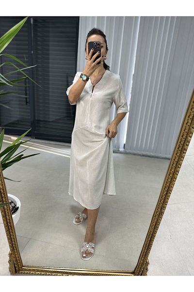 caddstore Ms V Neck Φόρεμα με φερμουάρ από βαμβακερό λινό πέτρα