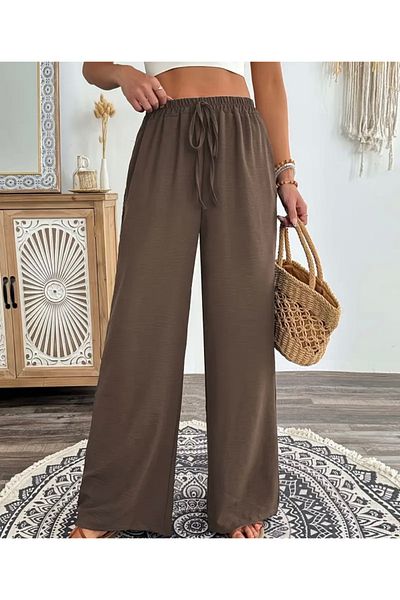 ayrobin Fabric Wide Leg Elastic Waist Women's Trousers