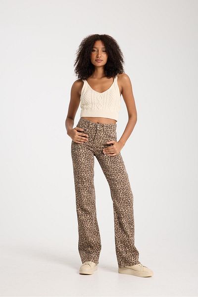 Store 100% Cotton Summer High Waist Leopard Pattern Casual Denim Pants