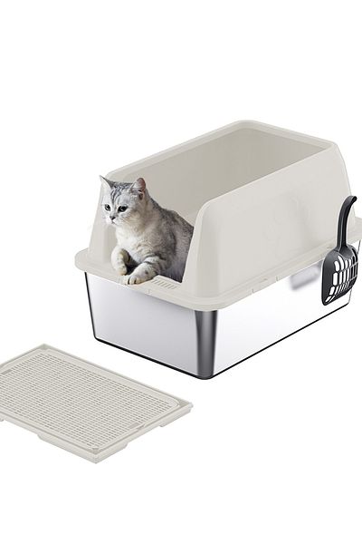 KidLe Stainless Steel Cat Litter Box with Litter Scoop Cat Toilet Cat Litter Tray High Wall Side