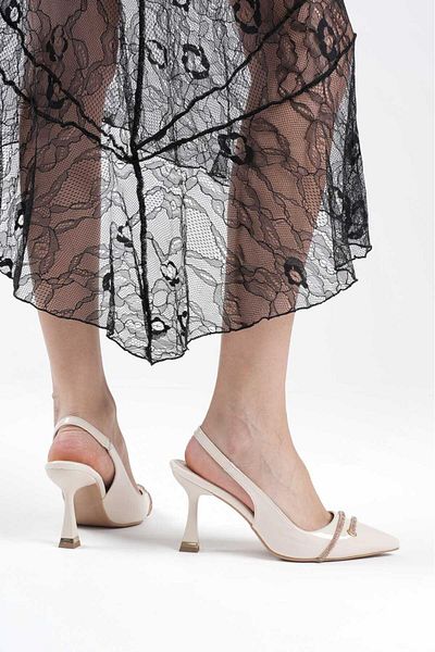 Griffa Women's Beige Patent Leather Stone Open Back Daily Casual Evening Dress Stiletto Heeled Shoes